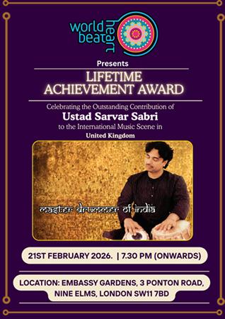 Legendary Tabla Maestro Ustad Tari Khansahb And Sahana Gero MBE Artistic Director Of World Heart Beat Music Academy, London Presented The Award To Ustad Sarvar Sabri