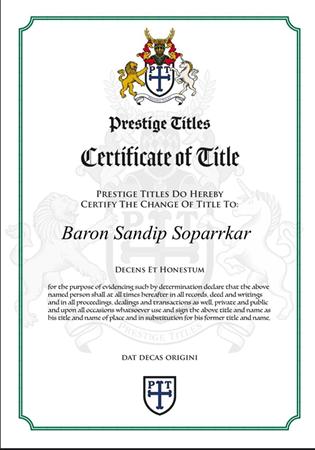 Baron Title Bestowed Upon Sandip Soparrkar In London, UK